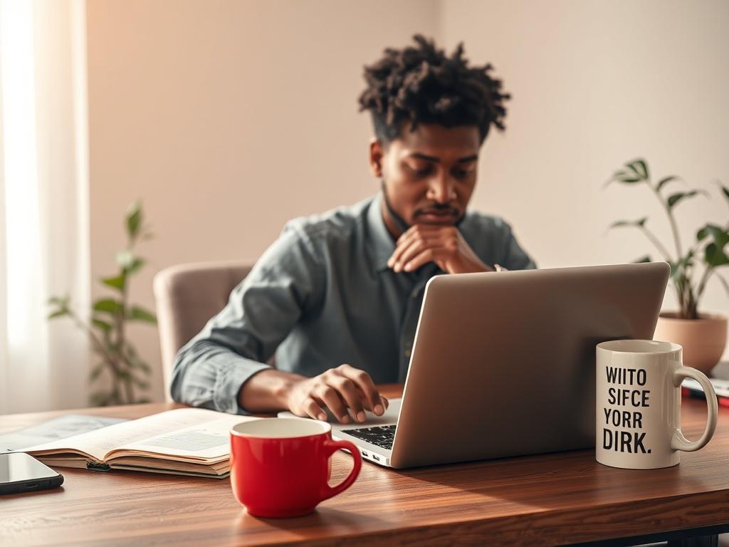 **Prompt for AI Image Generator:**

Create a hyper-realistic photo that encapsulates the essence of SEO writing for success. The composition should focus on a single subject: a person seated at a modern desk, deeply engaged in writing on a laptop. The individual is a diverse young professional, with a thoughtful expression as they type, symbolizing focus and creativity. 

Surround the subject with subtle elements that represent SEO concepts, such as an open notebook with structured data notes, a smartphone 