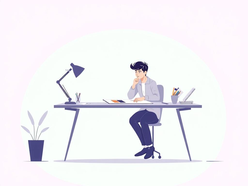 Create a high-quality illustration that depicts a single, focused subject representing the concept of strategic thinking in design. The main subject should be a thoughtful designer, depicted in a minimalistic style, sitting at a sleek, modern desk. They are intently sketching design ideas on a large sheet of paper, surrounded by neatly organized design tools such as pencils, rulers, and color swatches. 

The designer should have an expression of concentration and creativity, conveying the essence of harness