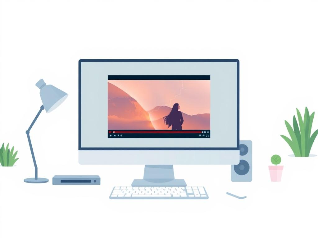 A high-quality illustration of a computer screen displaying a vibrant and engaging video thumbnail, set against a clean, minimalistic workspace with pastel colors and negative space. The background should be light, emphasizing the single subject of the screen, which showcases a dynamic scene from a video.