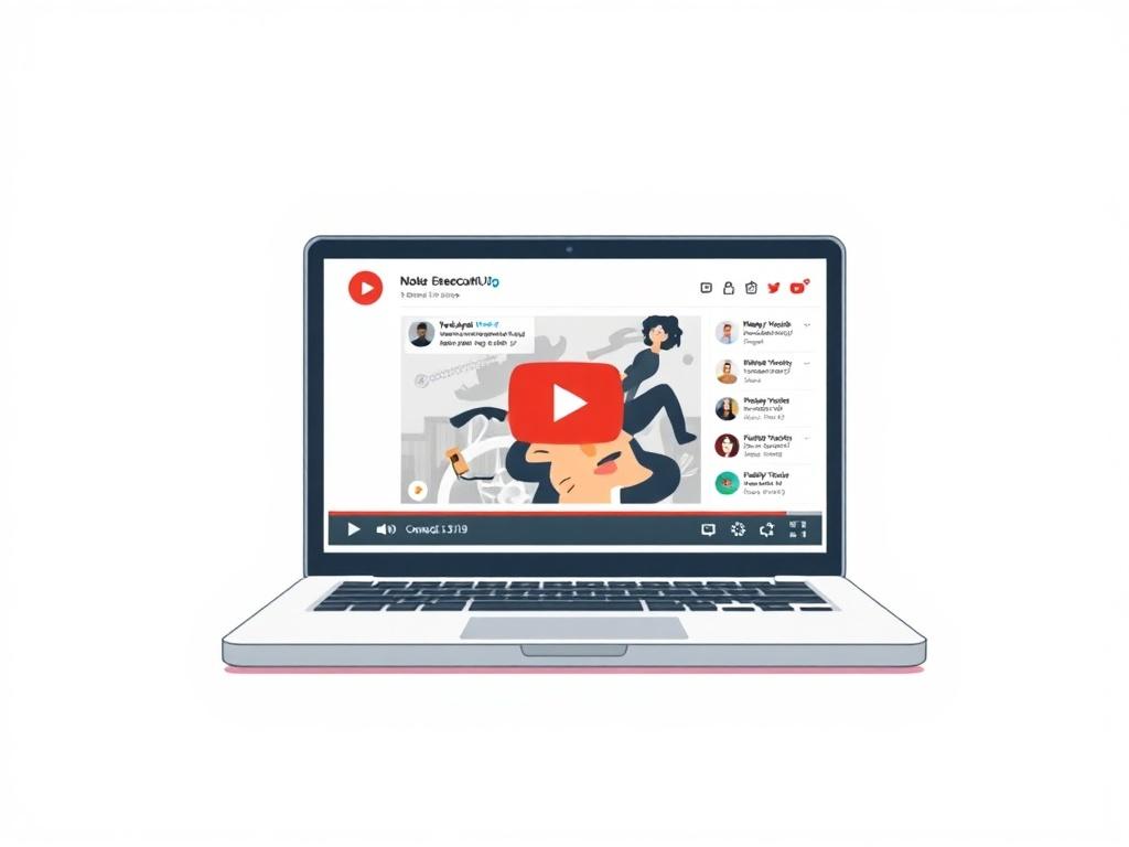 A high-quality illustration of a laptop screen displaying an interactive YouTube video with visible comment sections, likes, and share buttons. The background should be minimalistic with soft pastel colors, focusing on the vibrant display of the video and interactions.