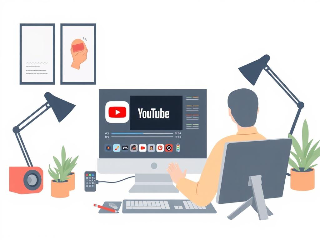 A high-quality illustration of a person easily uploading a video to a YouTube channel on a desktop computer, surrounded by creative tools in a pastel-colored workspace. The background should be minimalistic, highlighting the action of updating video content.