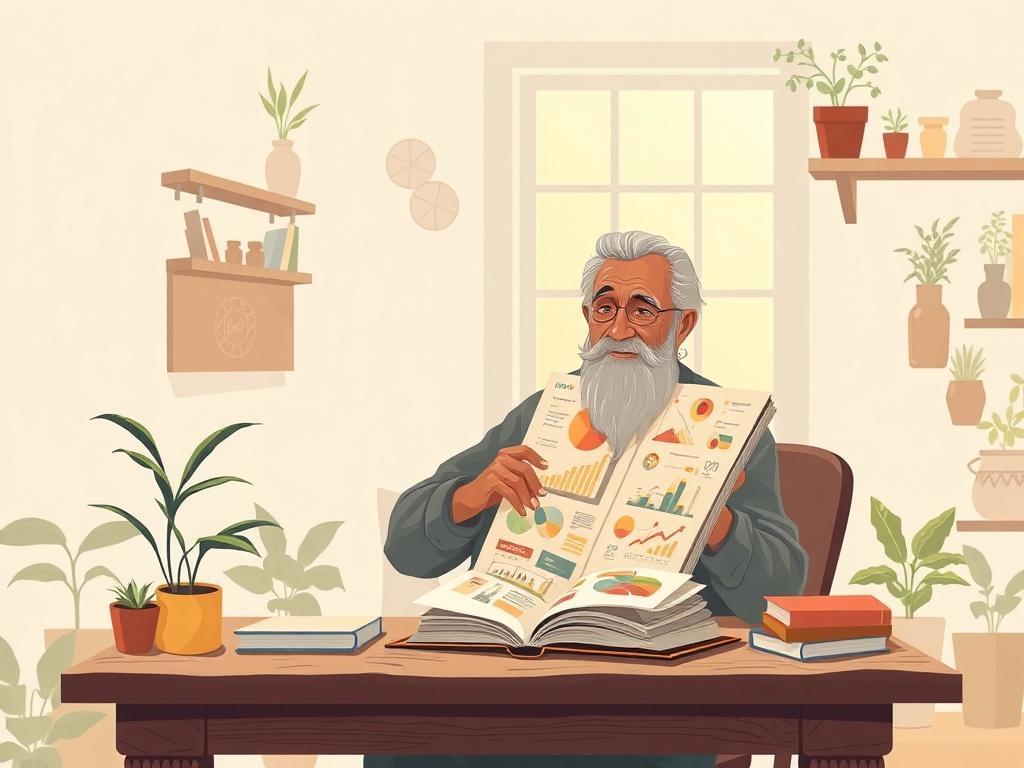 Create a high-quality illustration that embodies the theme "The Art of Strategic Storytelling." The image should feature a single, compelling subject: a wise storyteller sitting at a rustic wooden table, surrounded by various storytelling elements. 

The storyteller, a middle-aged person of diverse descent, should be portrayed with an engaging expression, illustrating passion and wisdom. They should be holding a large open book, symbolizing the narratives woven into business strategy. The book appears vivid