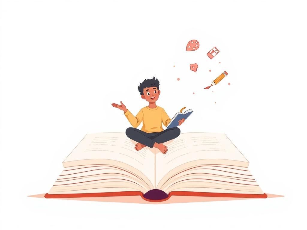 **AI Image Generation Prompt:**

Create a high-quality illustration that encapsulates "The Power of Storytelling in Design." Feature a lone storyteller, a diverse individual with an engaging expression, sitting on an oversized open book that represents creativity and imagination. The subject should be centrally positioned, drawing the viewer's eye, while they depict animated gestures, as if passionately sharing a story. 

The background should be minimalistic to enhance clarity, showcasing soft, pastel colo