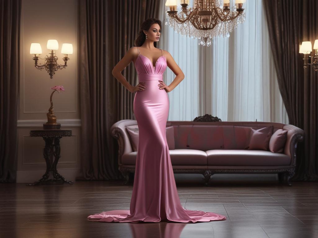 A stunning female escort in an elegant evening gown, standing