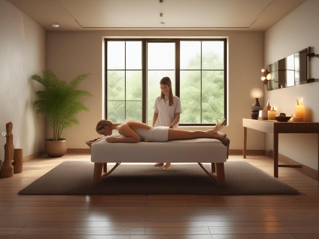A serene spa room with soft lighting and calming decor