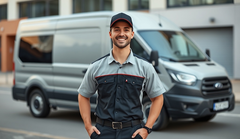 Professional courier driver with delivery vehicle