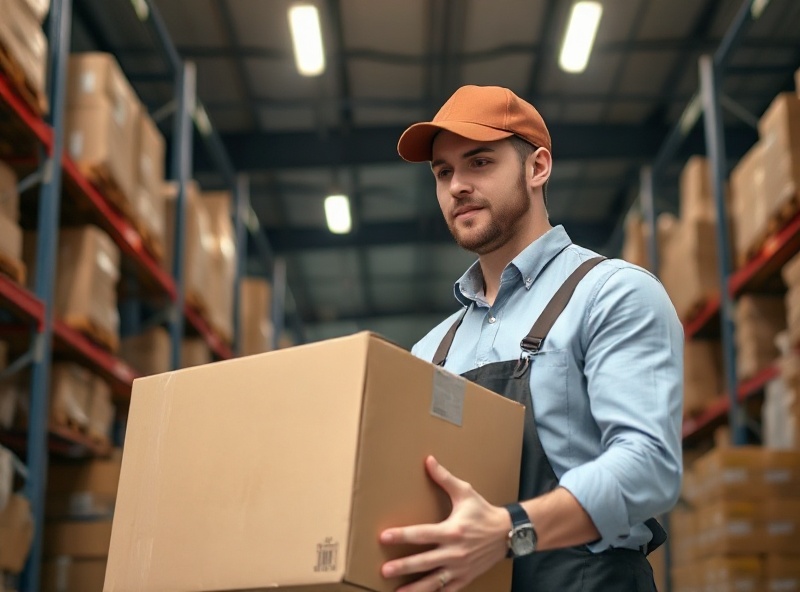 Professional courier worker carefully packaging and handling a cardboard box in a modern logistics warehouse