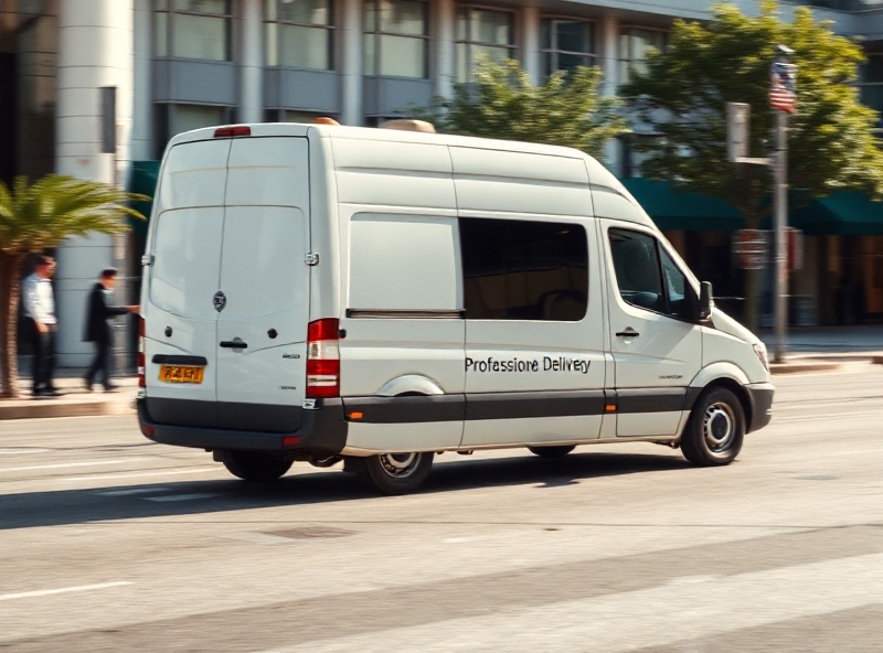 Professional white cargo van driving on a city street during daytime delivery operations