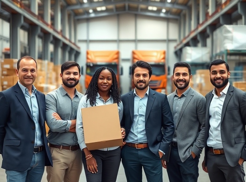 Diverse professional team of 3 men and 2 women from different ethnic backgrounds working in modern logistics warehouse