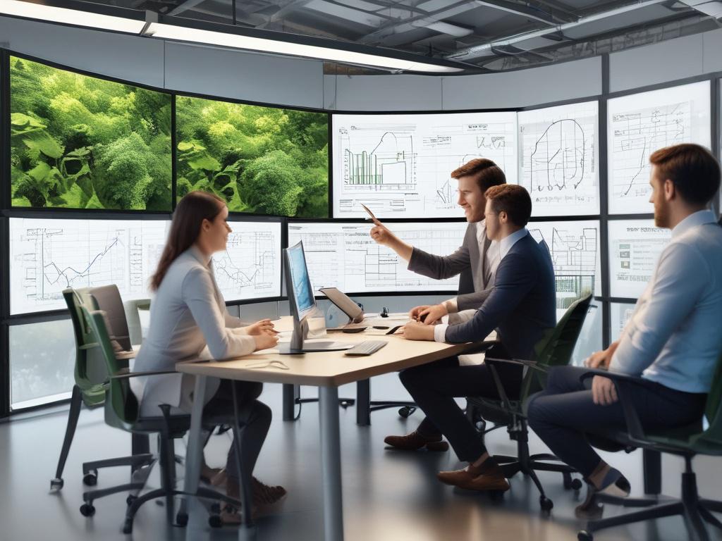 A digital marketing team analyzing campaign data on large screens