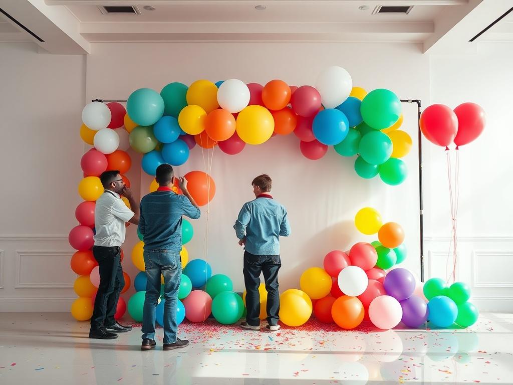 A clean and organized event space with a professional team collecting colorful balloon backdrops and props. The scene captures the essence of event cleanup, showcasing vibrant balloon decor being gently taken down. The background features hints of joyful party remnants, like confetti, while highlighting the team's dedication to a smooth and stress-free experience. The overall atmosphere conveys satisfaction and relaxation, emphasizing the importance of enjoying the event aftermath.