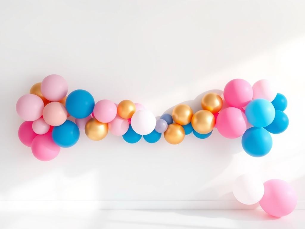 A beautifully arranged balloon garland in vibrant colors, set against