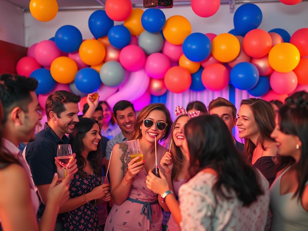 Guests enjoying a lively celebration with vibrant balloon décor in