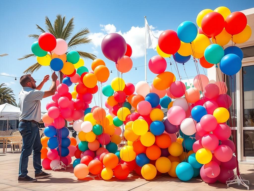 A team of event stylists setting up vibrant balloon décor