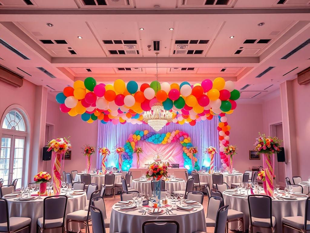 An elegantly styled event space featuring custom balloon decorations, including