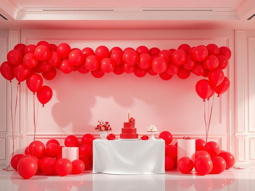 A beautifully arranged event setting featuring a vibrant balloon garland in shades of red, creating a stunning backdrop for a birthday celebration. The scene is minimalistic with a clean table set up adorned with elegant decorations, showcasing a cake and party favors. The overall composition highlights the luxurious and cohesive design of the event, with an emphasis on bright colors and a festive atmosphere.