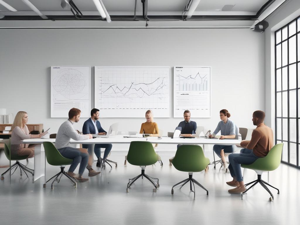 A team meeting in a bright office space, discussing change management strategies with charts and notes, presented in a clean and organized manner.