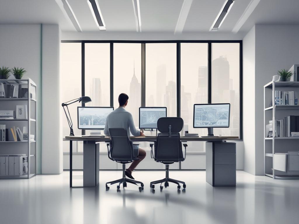 A person happily interacting with a computer screen displaying automated processes, set in a modern office environment with a clean and minimalistic design.