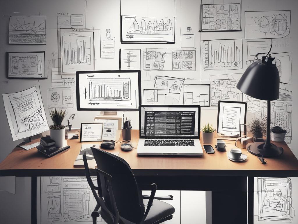 A professional consultant working on a digital strategy plan in a modern office. The scene highlights a well-organized workspace with a laptop, charts, and digital tools on a clean desk. The consultant, a middle-aged individual, is engaged in thought, analyzing data on the screen. The lighting is bold with high contrast, emphasizing the seriousness of the task. The background is minimalistic, focusing on the consultant and the digital elements around them.