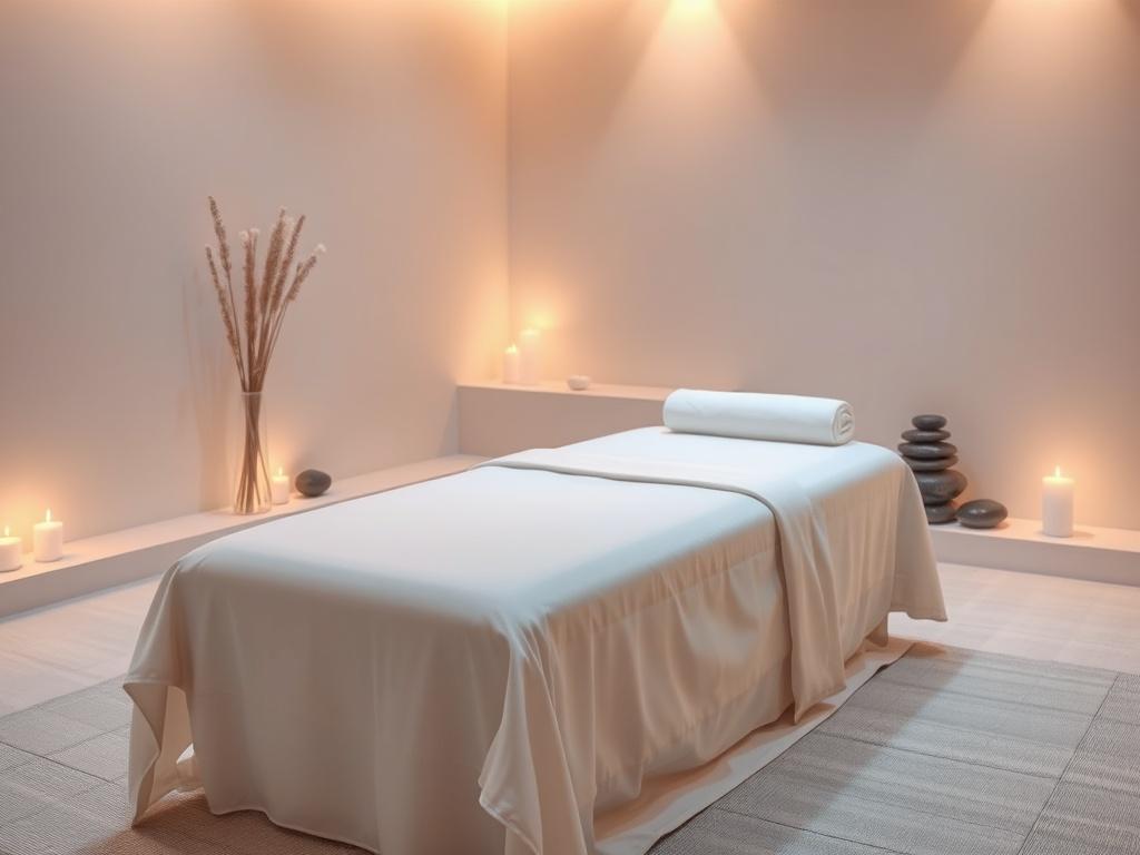 A tranquil massage setting featuring a single massage table adorned with soft, luxurious linens. The room is softly lit with gentle lighting to create a peaceful atmosphere. Include calming elements such as candles and soothing stones in the background, emphasizing relaxation. The overall color palette should reflect soft tones, compatible with rgb(50, 170, 39), evoking a sense of calm and allure.