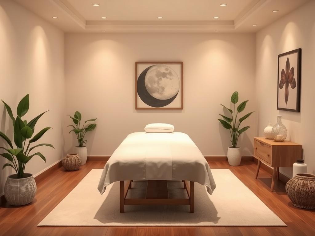 A serene massage room with soft lighting and gentle colors