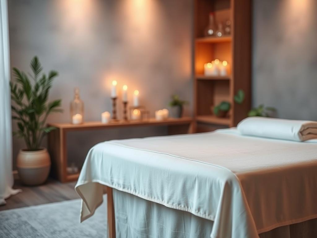 A peaceful massage setting with soft lighting, featuring a single