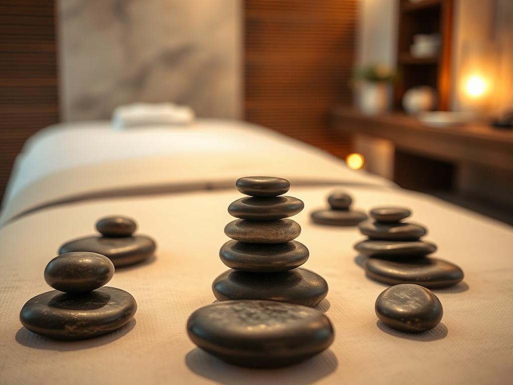 A serene spa setting featuring a massage table with heated
