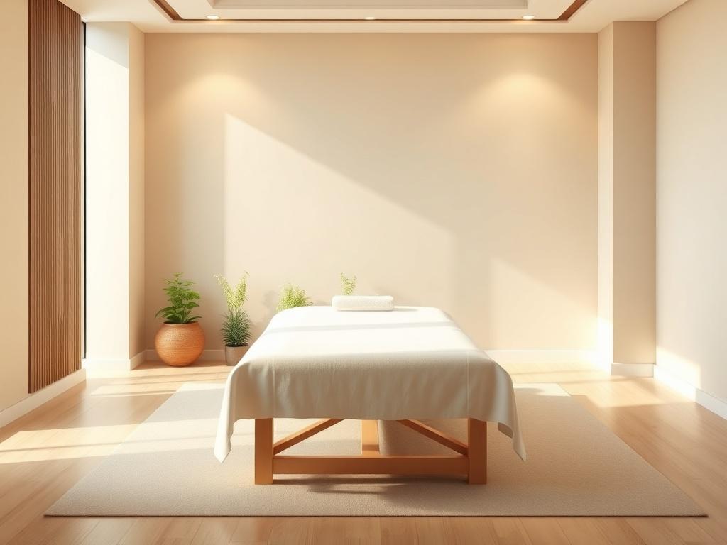 A serene, high-resolution image of a tranquil massage room with soft, natural lighting. A single massage table is centrally placed, adorned with soft white linens. Gentle greenery is visible in the background, creating a peaceful atmosphere. The overall color tones are soft and warm, evoking a sense of calmness and relaxation.