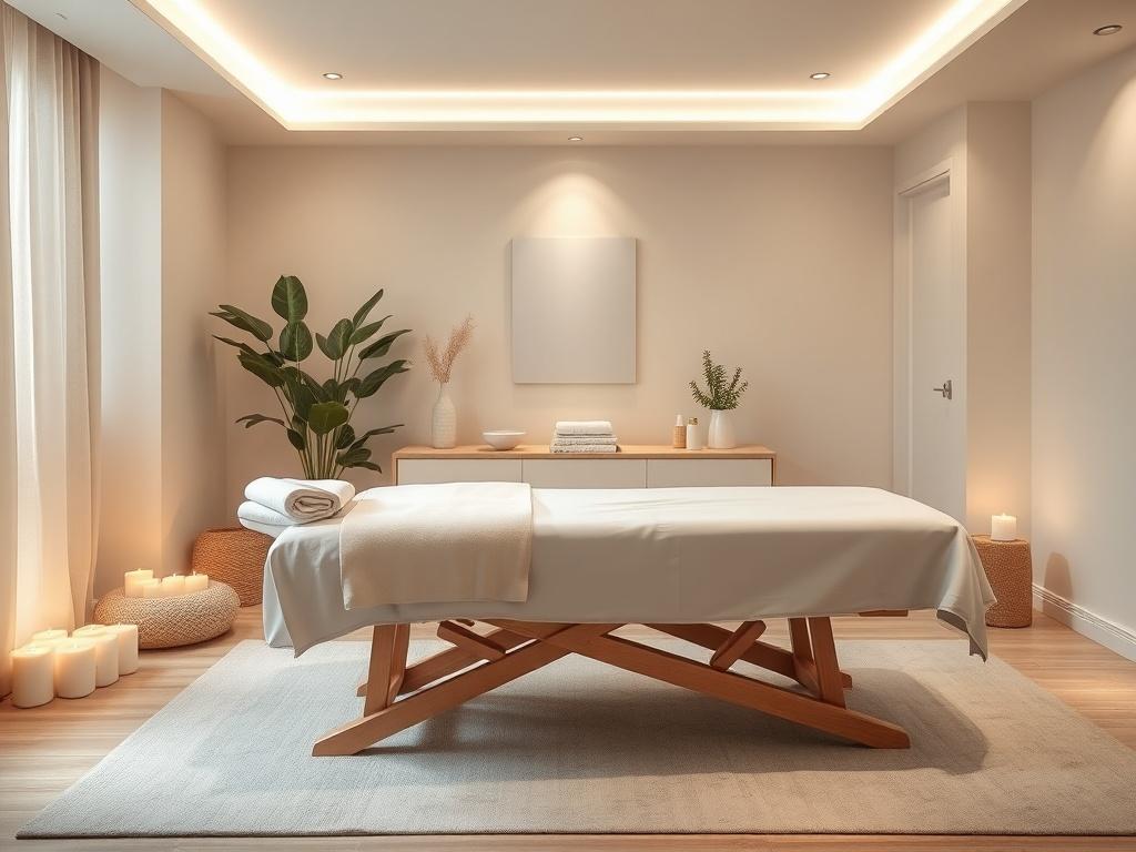 A serene and peaceful massage room featuring a comfortable massage table with soft linens, surrounded by gentle lighting and calming decor. The room should have soothing elements like candles, plants, and soft textures, creating a tranquil atmosphere for relaxation. The focus should be on the massage table, inviting the viewer to envision a calming massage experience.
