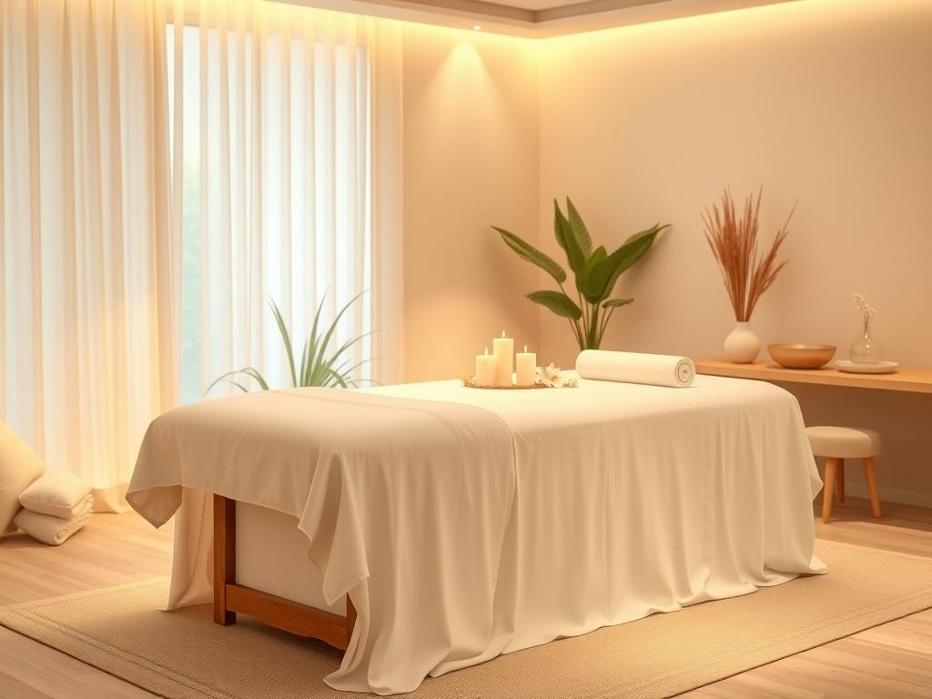 A serene spa setting featuring a single massage table draped in soft white linens. The room is softly lit with warm, gentle lighting that creates a peaceful atmosphere. A hint of greenery is visible in the background, along with calming decor. The focus is on the massage table, which has a few elegant candles and a delicate flower arrangement beside it. The overall color scheme is in soft tones compatible with the #062767 primary color, evoking a sense of calm and tranquility.