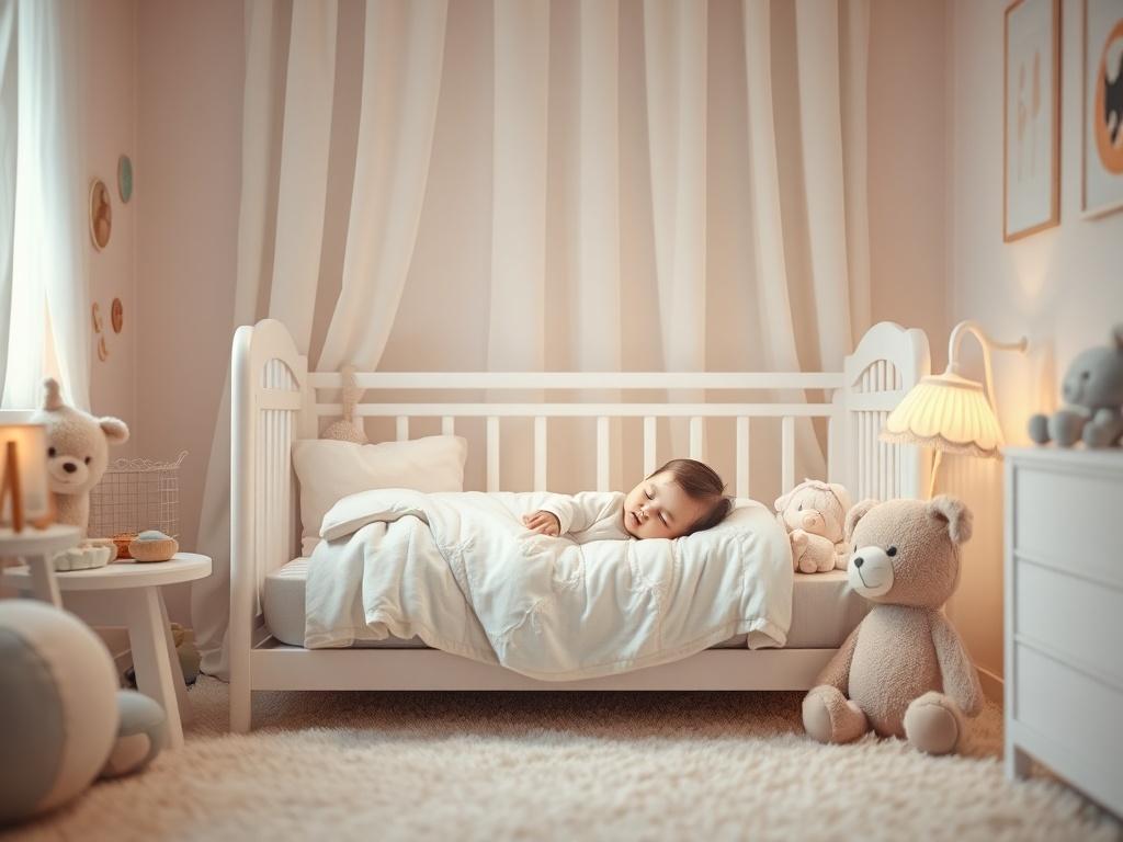 A serene nursery scene featuring a cozy crib with soft
