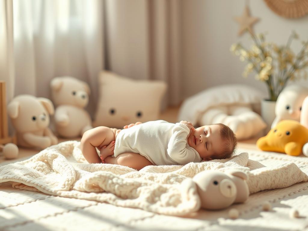 A warm image of a parent gently massaging their baby on a soft blanket, with natural sunlight streaming in. The atmosphere is calm and inviting, with soft toys and peaceful surroundings that convey a sense of comfort and love.
