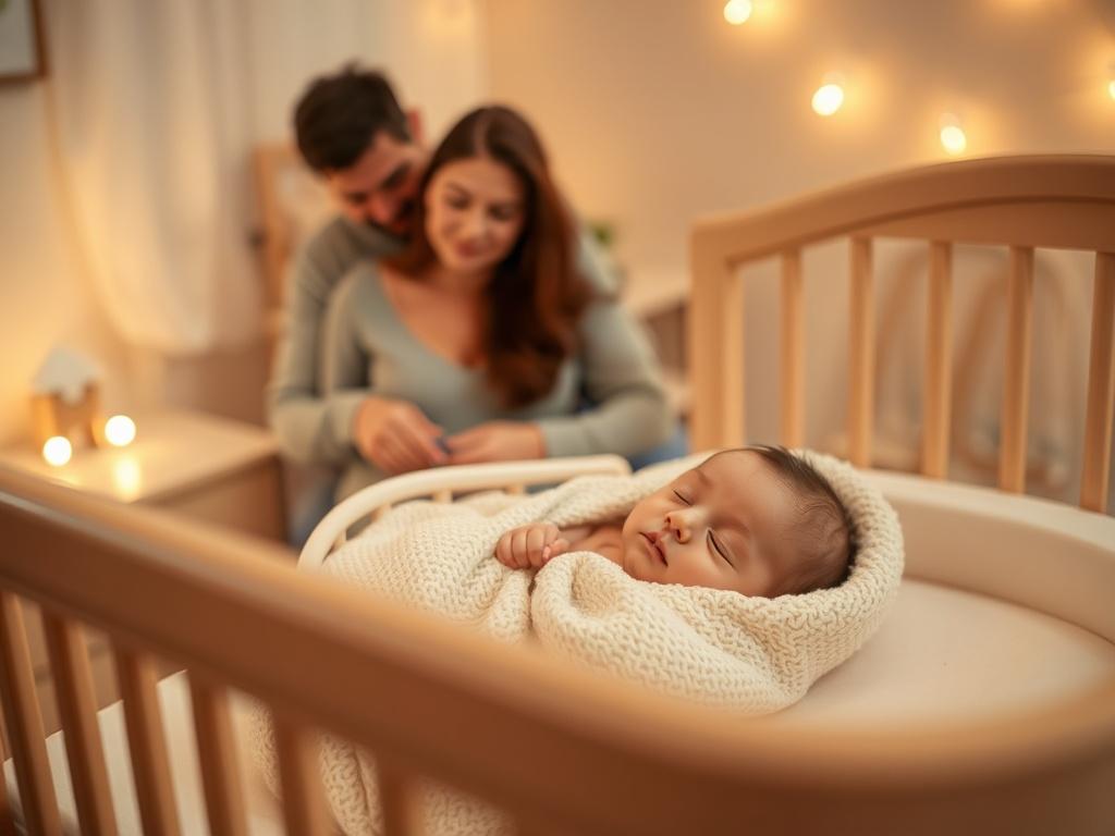 A calming image of a sleeping baby in a cozy crib, wrapped in a soft blanket. The room is softly illuminated with gentle night lights, creating a tranquil environment. Parents can be seen in the background, looking relieved and happy as they watch their baby sleep.