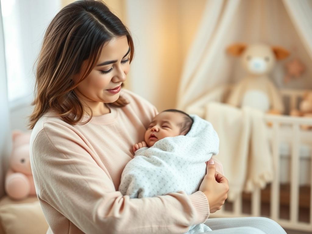 A serene scene of a new parent cradling a baby in a softly lit room, surrounded by gentle pastel colors. The parent looks calm and nurturing, with a peaceful expression. The background features a cozy nursery setting with plush toys and soft blankets, creating a soothing atmosphere.