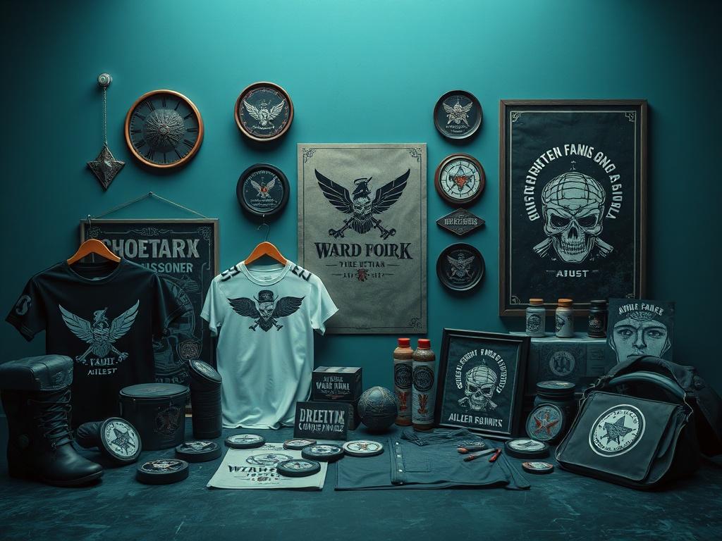 A high resolution image featuring an array of custom merchandise