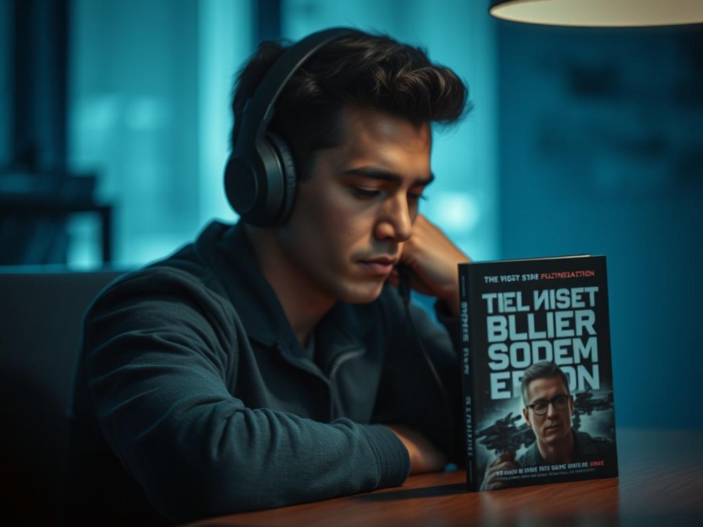 A high resolution image of a person wearing headphones, deeply