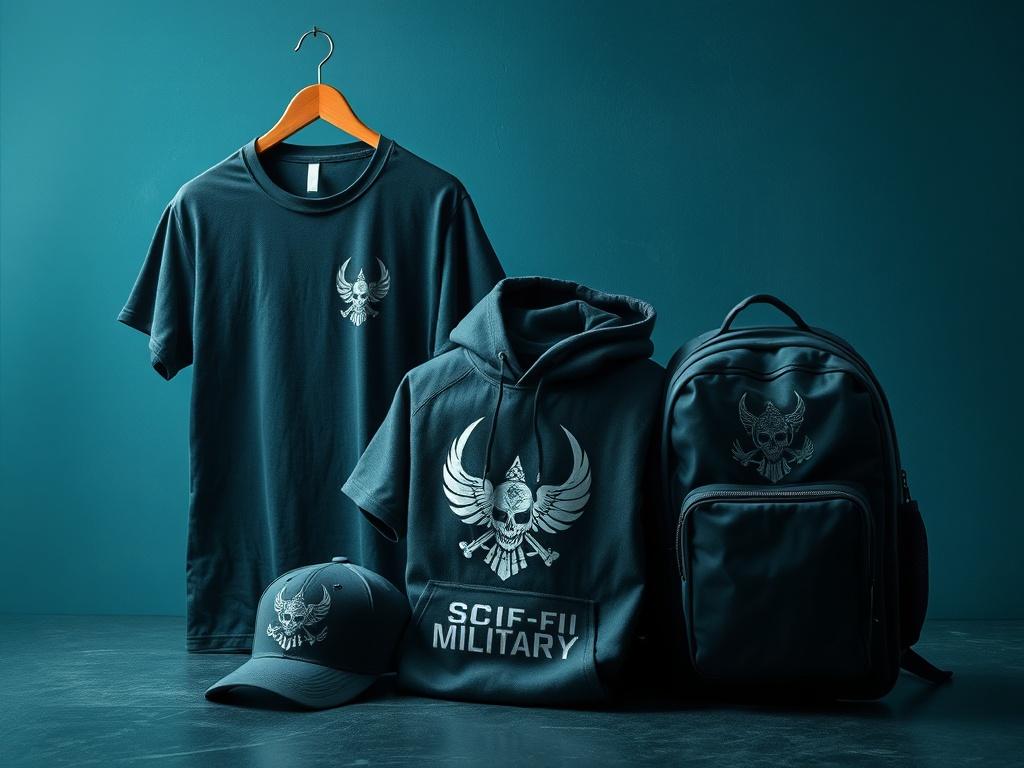 A high resolution image showcasing a collection of custom merchandise