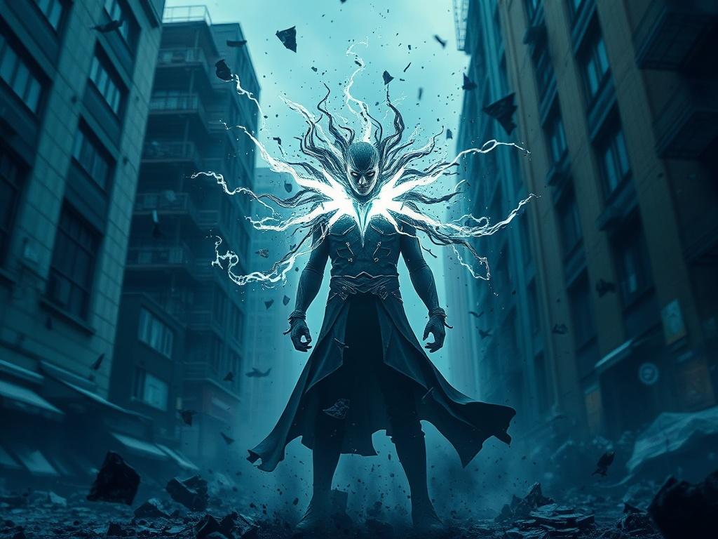 A high-resolution image of a powerful figure standing amidst a chaotic urban environment, their eyes glowing with a fierce energy. They are surrounded by swirling winds and debris, symbolizing the unpredictable nature of their abilities. The background features a mix of cool-toned buildings in shades of blue and gray, creating a stark contrast with the character's intense aura. This image captures the raw energy and danger of the mutations that redefine humanity.