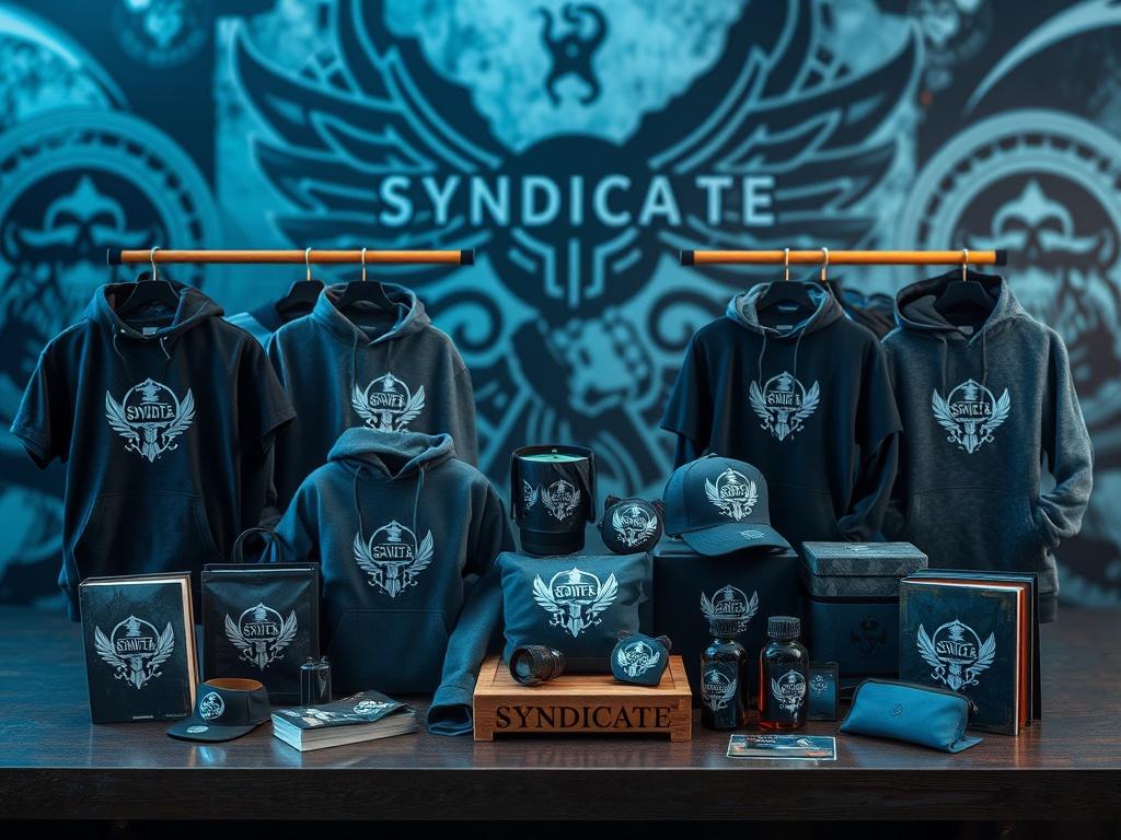 A realistic high-resolution photo showcasing an array of custom merchandise related to the Syndicate book series. Featured items include branded clothing, accessories, and unique collectibles, all designed with the series' emblem and rich blue and gray color palette. The merchandise is arranged in an appealing display, with soft lighting highlighting the details. The background features a blurred image of military-themed graphics, enhancing the theme of the series. This image invites fans to engage with the