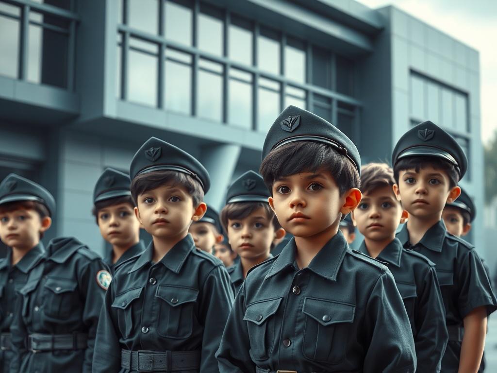 A realistic high-resolution photo depicting a group of children in military-style uniforms, standing in formation. The backdrop features a futuristic military school building with sleek lines and cool-toned colors, showcasing shades of rich blues and soft grays. The children exhibit a range of emotions, from determination to apprehension, reflecting the serious themes of the book. The scene is well-lit, with soft shadows enhancing the dramatic atmosphere. The image conveys a sense of unity and purpose, invi