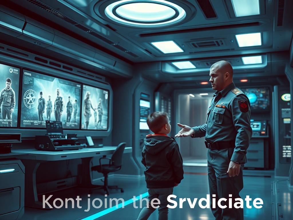 A realistic high-resolution photo of a futuristic recruitment office, designed with a sci-fi military aesthetic. The office displays sleek technology, with holographic screens showcasing images of children and military training. A recruitment officer, dressed in a modern military uniform, is interacting with a child while explaining the program. The color scheme includes rich blues and soft grays, creating a cool-toned environment. The scene captures the essence of a recruitment process, emphasizing the ten