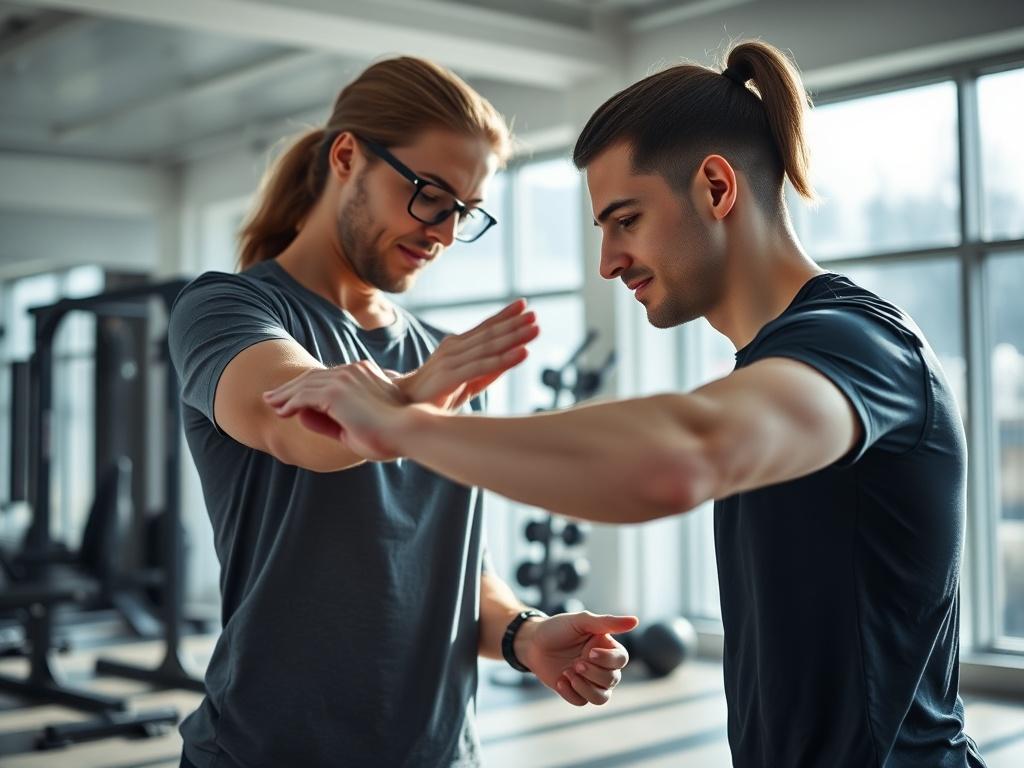 A close-up shot of a Corrective Exercise Specialist working with a client in a bright, airy gym. The specialist is demonstrating an exercise while the client is following along, focusing on proper form. The background features exercise equipment and large windows with natural light streaming in, creating an inviting and professional atmosphere. The image captures the hands-on guidance and personalized attention of the specialist in a hyper-realistic style.