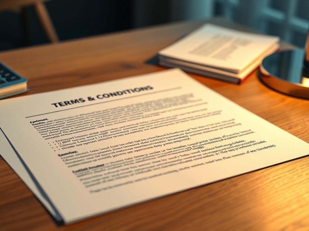 A close-up shot of a legal document with clear text discussing SMS Terms & Conditions, placed on a wooden desk. The background is softly blurred to emphasize the document. The lighting is warm and inviting, creating a professional yet approachable atmosphere.
