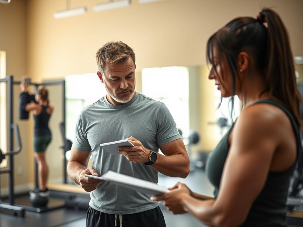 A close-up shot of a Corrective Exercise Specialist conducting a detailed movement assessment with a client in a bright, well-lit gym. The specialist is focused on observing the client's movement patterns while taking notes. The background features exercise equipment and a large mirror reflecting their activity. The image captures the determination and engagement of both the specialist and the client, showcasing a supportive and professional environment.
