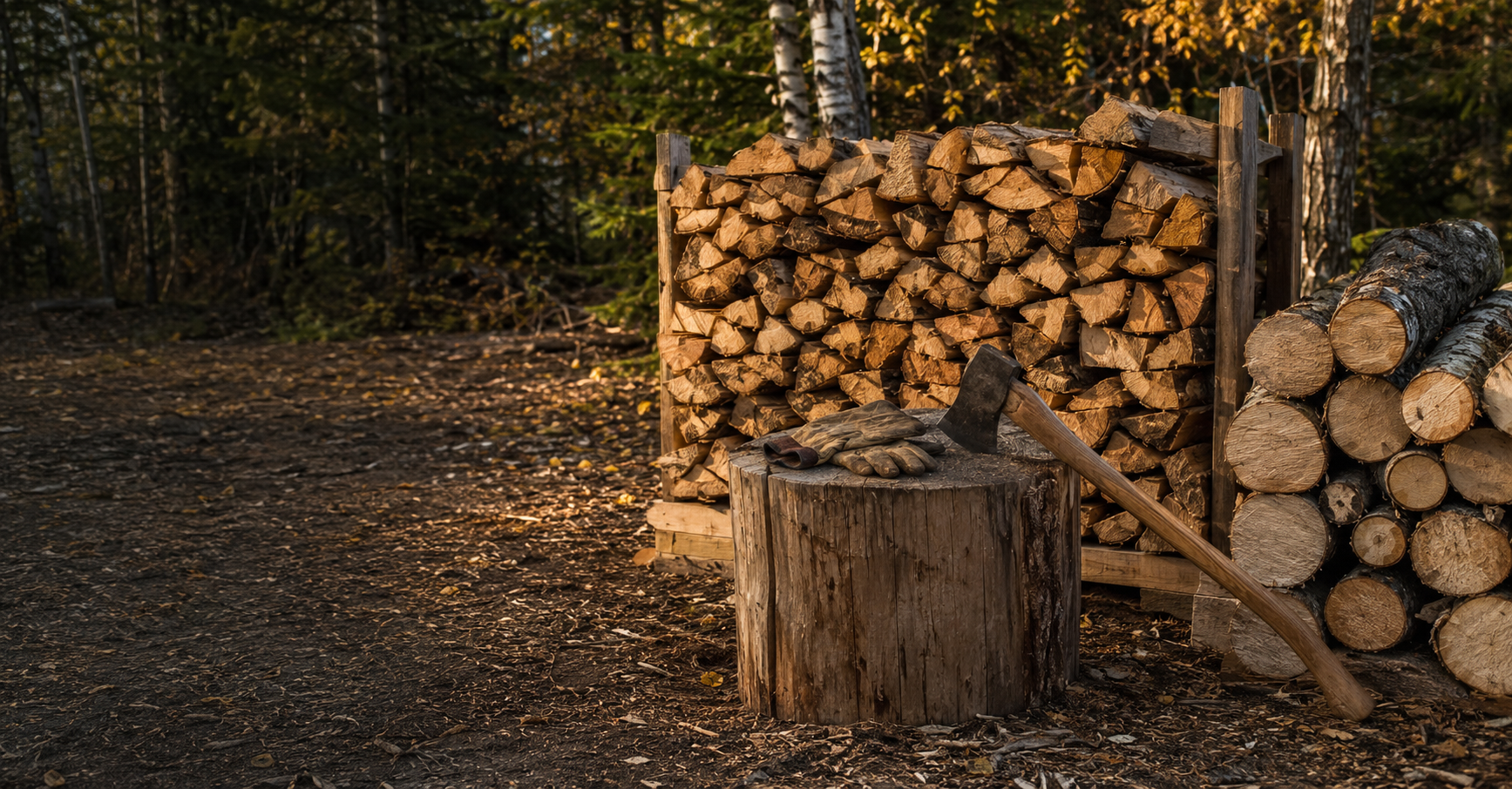 Illustrative Yukon firewood preparation scene with stacked wood and hand tools