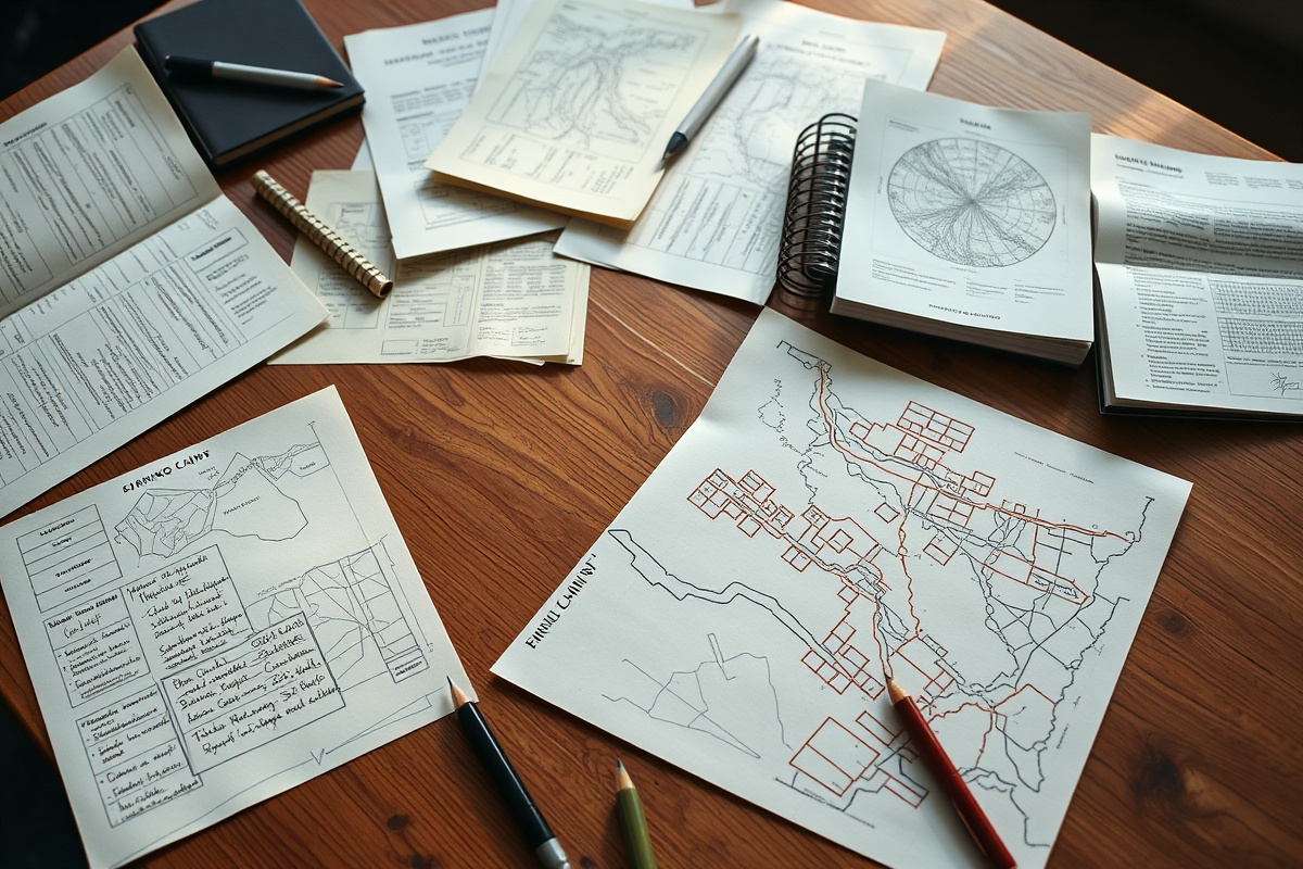 Early planning stage with maps and documents