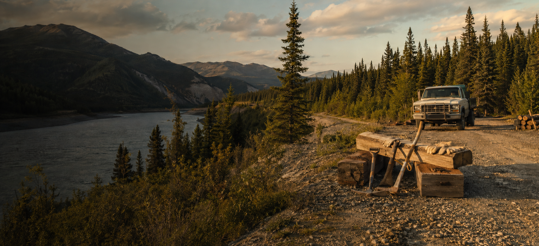 Illustrative Yukon landscape and practical field-work setting at golden hour