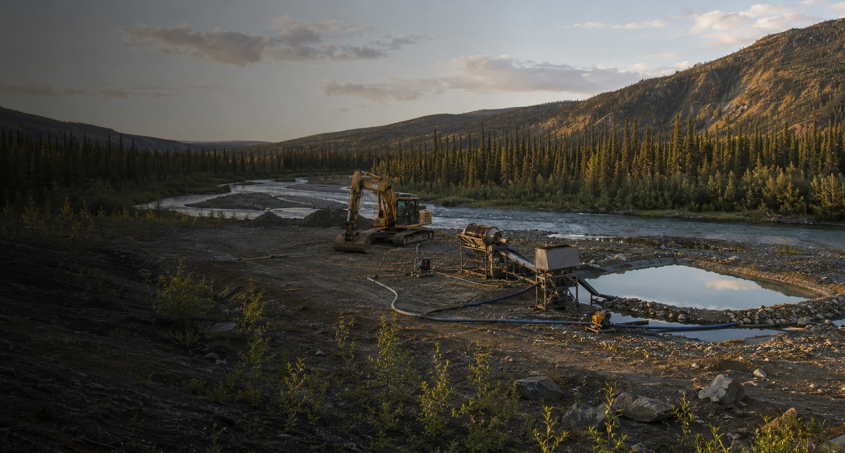 Illustrative Yukon placer-mining environment showing parked equipment and land-management features