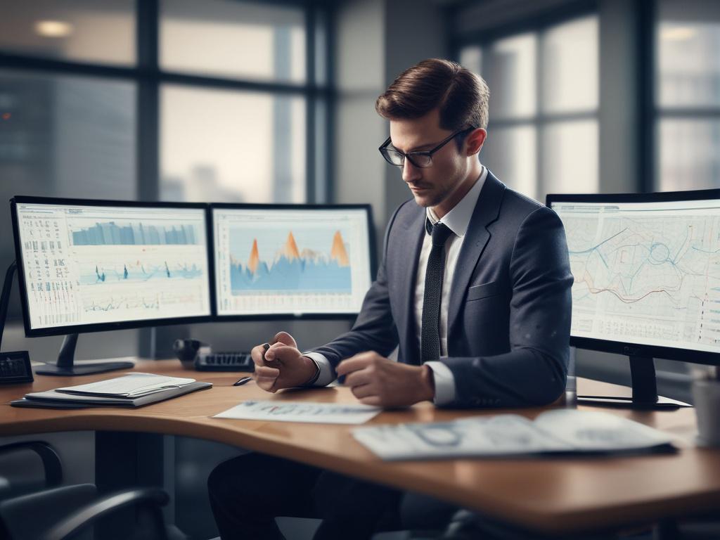 An analyst conducting market research in a bright, modern office, surrounded by charts and graphs on a large screen. The composition focuses on the analyst's thoughtful expression, capturing the essence of in-depth analysis and strategic thinking. The setting is bright and vibrant, with an RGB color palette of (50, 170, 39) for a cohesive brand representation.