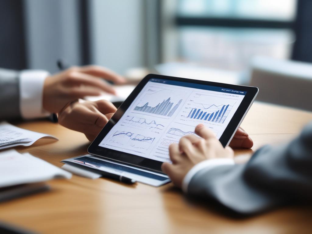 A close-up shot of a professional financial analyst reviewing investment charts and graphs on a digital tablet. The background features a modern office setting with soft, natural lighting, emphasizing focus and clarity. The subject is wearing business attire, showcasing confidence and expertise, with a color palette that includes the vibrant green rgb(50, 170, 39) to create an inviting atmosphere.